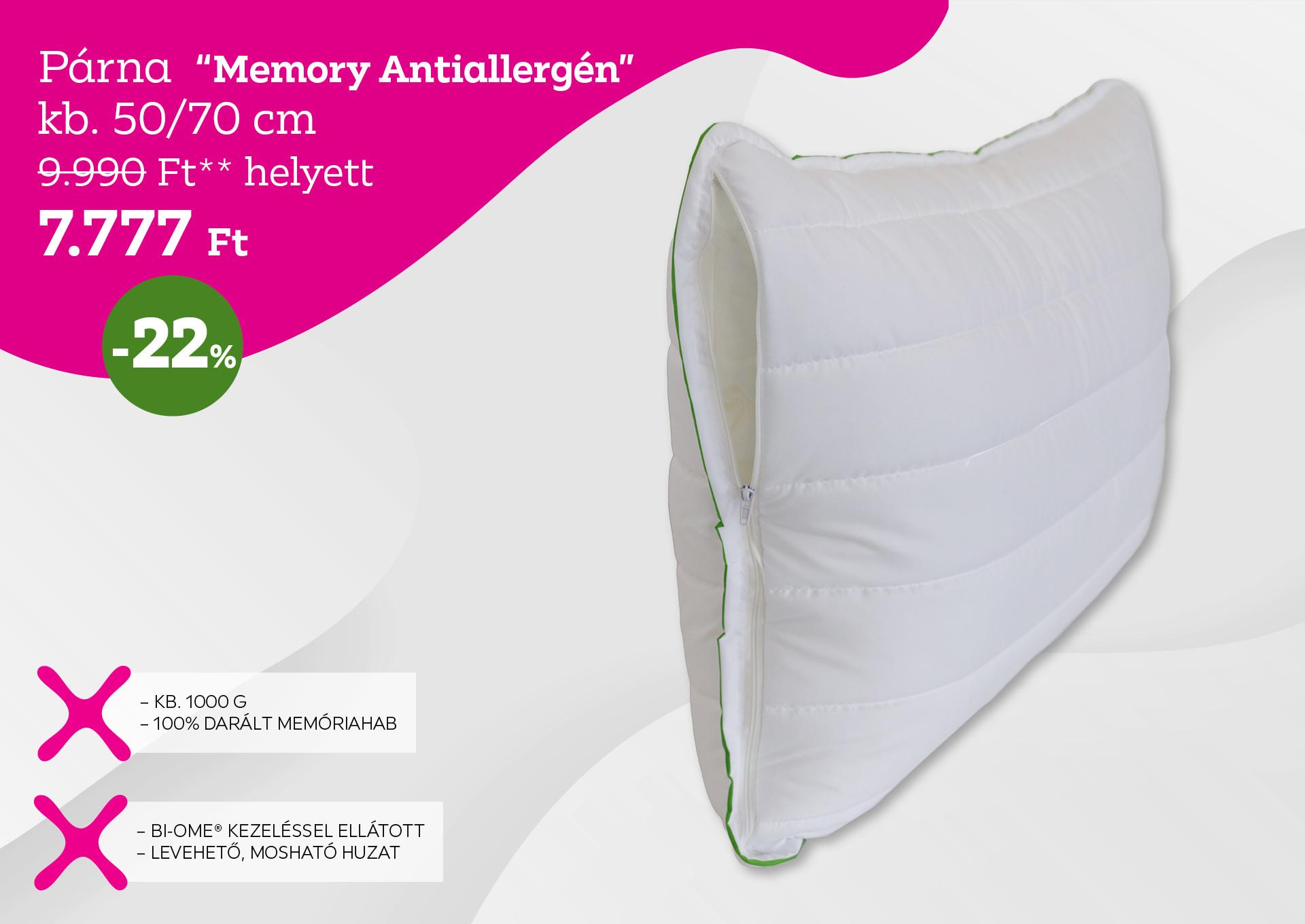 Párna MEMORY ANTIALLERGÉN 9990 Forint helyett 7777 Forint, kedvezmény mértéke 22%