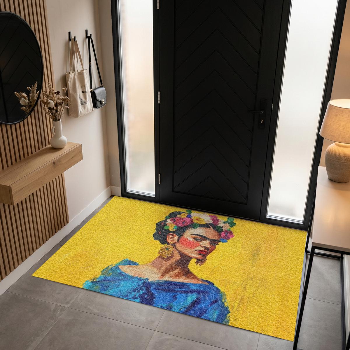 FUSSMATTE Frida Kahlo - Frau - Gelb - Blau - Blumen Schmutzfangmatte 180x120 cm - Gelb, Kunststoff (180/0.4cm) - MuchoWow