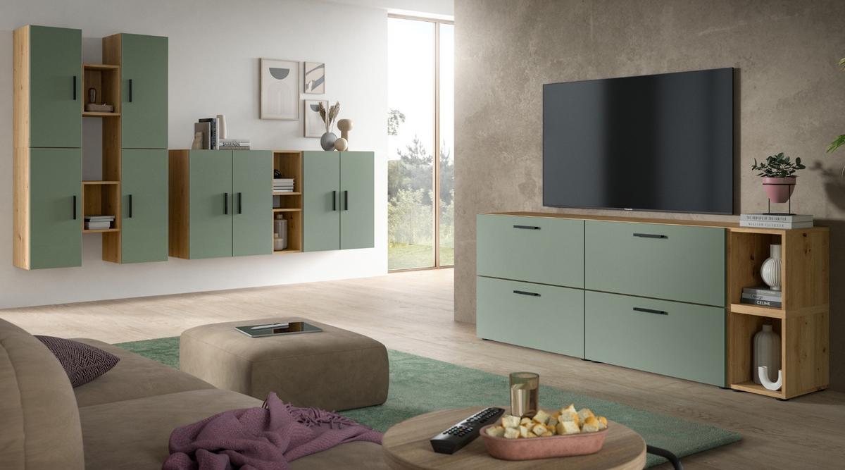 WOHNWAND grün, Eiche Artisan 249 x 184 cm, Wohnkombination hängend / stehend - Schwarz/Eiche Artisan, Holzwerkstoff/Kunststoff (249/184/34cm) - Inn.Furn