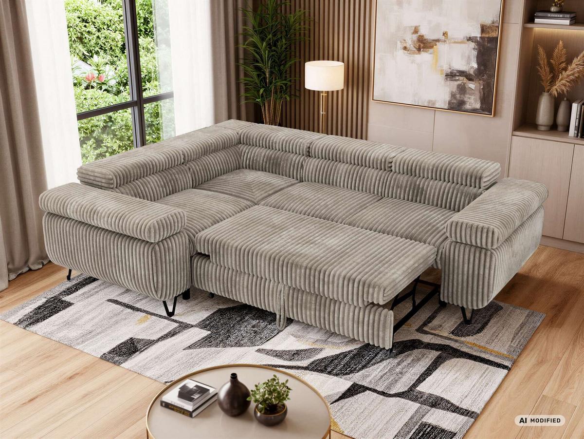 ECKSOFA FALCO L - Hellbraun Cord - Links Seite - Hellbraun/Schwarz, Textil/Metall (197/268cm) - MKS