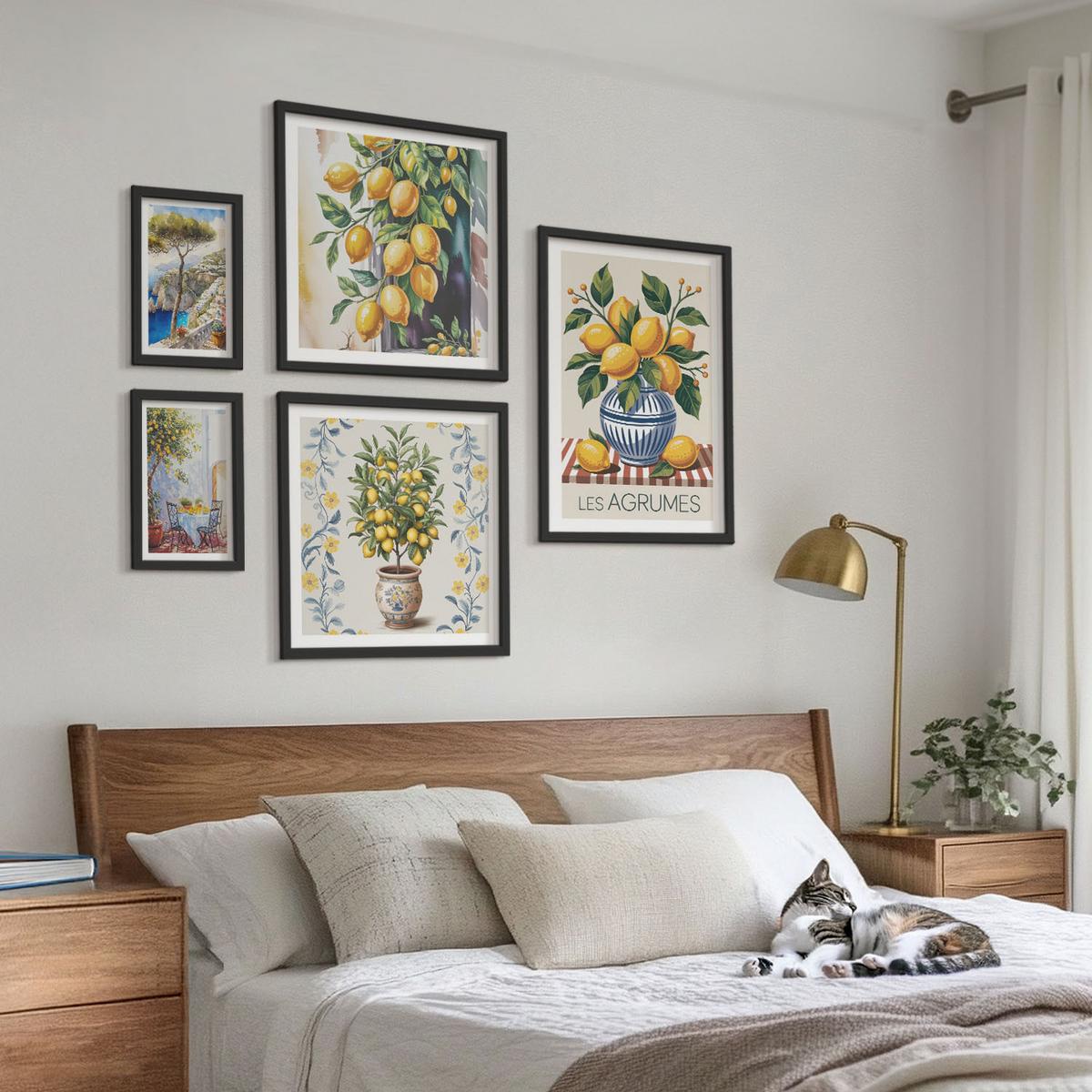 BILDER SET 5er Set - 50x50 cm & 20x30 cm & 40x60 cm Schwarzer Rahmen - Zitronenbäume am Meer - Schwarz, Kunststoff (40/60cm) - TULUP