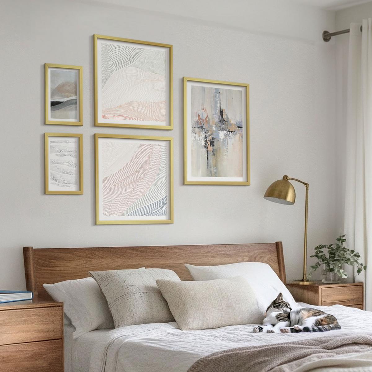 BILDER SET 5er Set - 50x50 cm & 20x30 cm & 40x60 cm Goldrahmen - Abstrakte Erdmuster - Goldfarben, Kunststoff (40/60cm) - TULUP