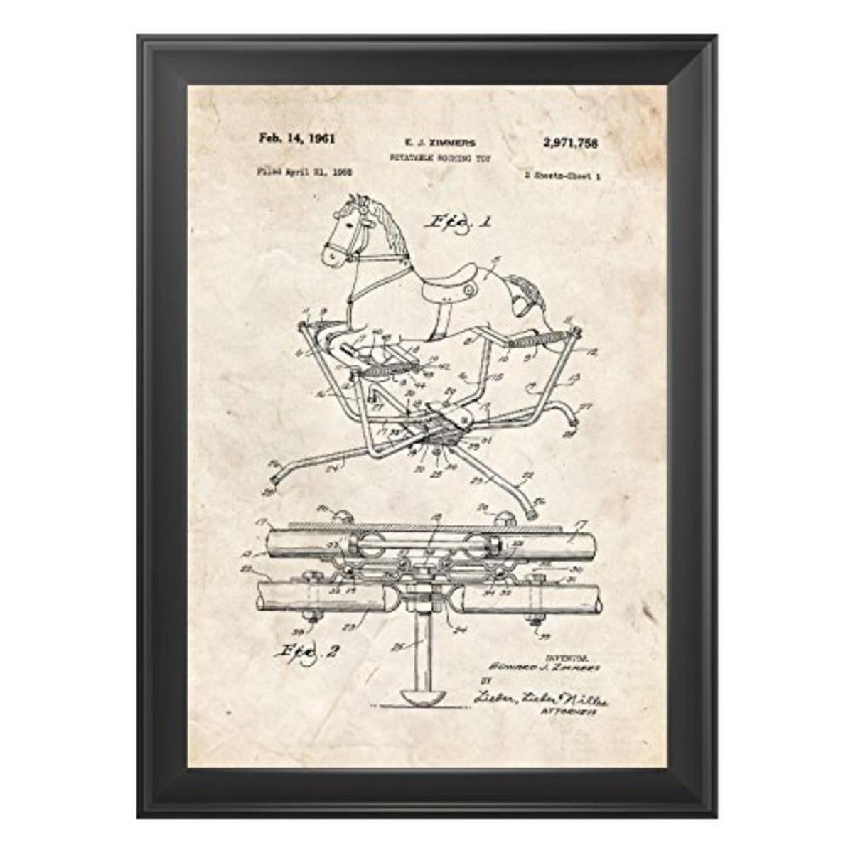 POSTER Set mit 4 Kinderspielzeug Patent Stil von Puppen und Spielen A4 Schwarzer Rahmen - Schwarz, Papier (29.7/3cm) - Nacnic