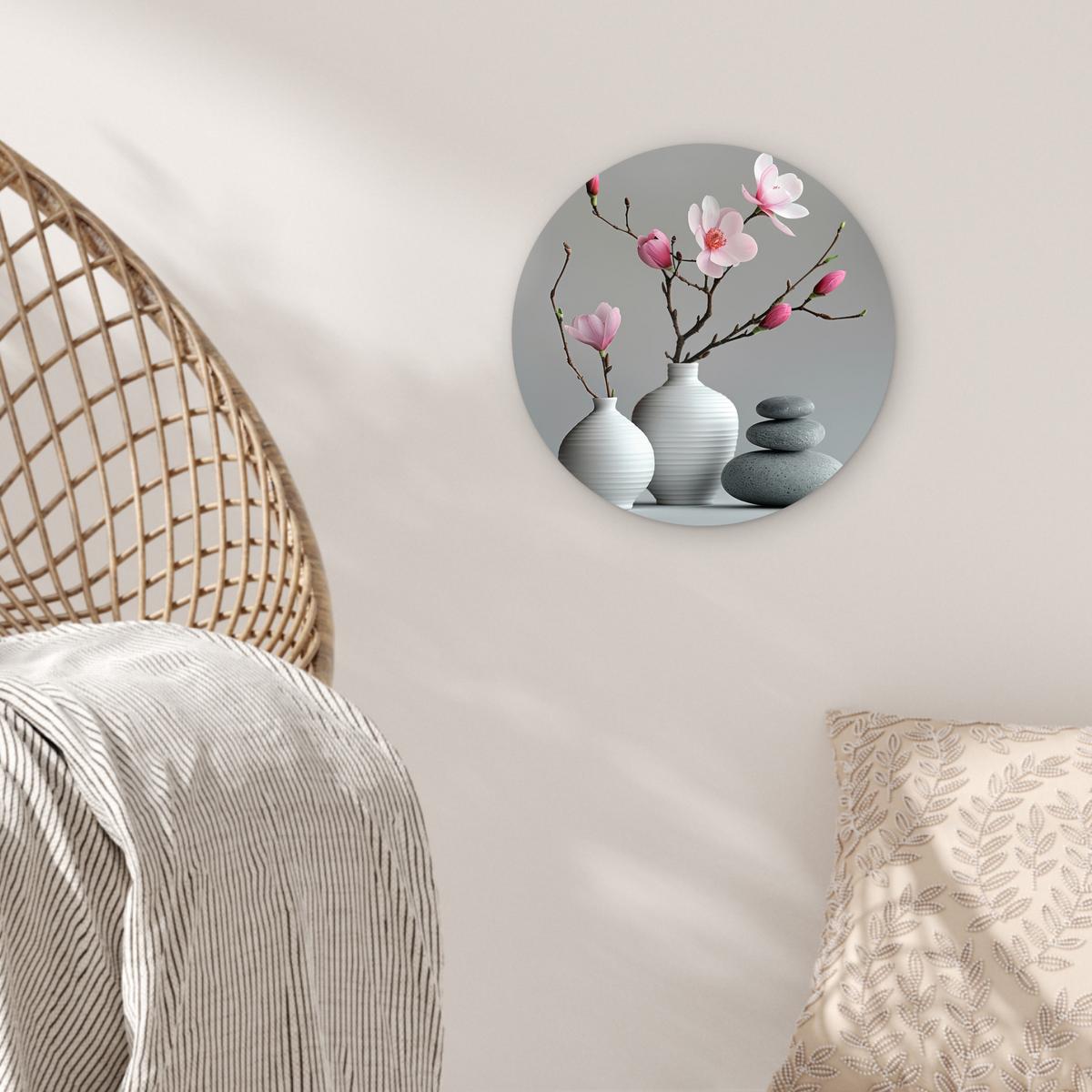 WANDBILD Magnolie - Blumen - Rosa - Zen-Steine Deko Wohnzimmer 30x30 cm - Hellgrau, Kunststoff (30/30cm) - MuchoWow