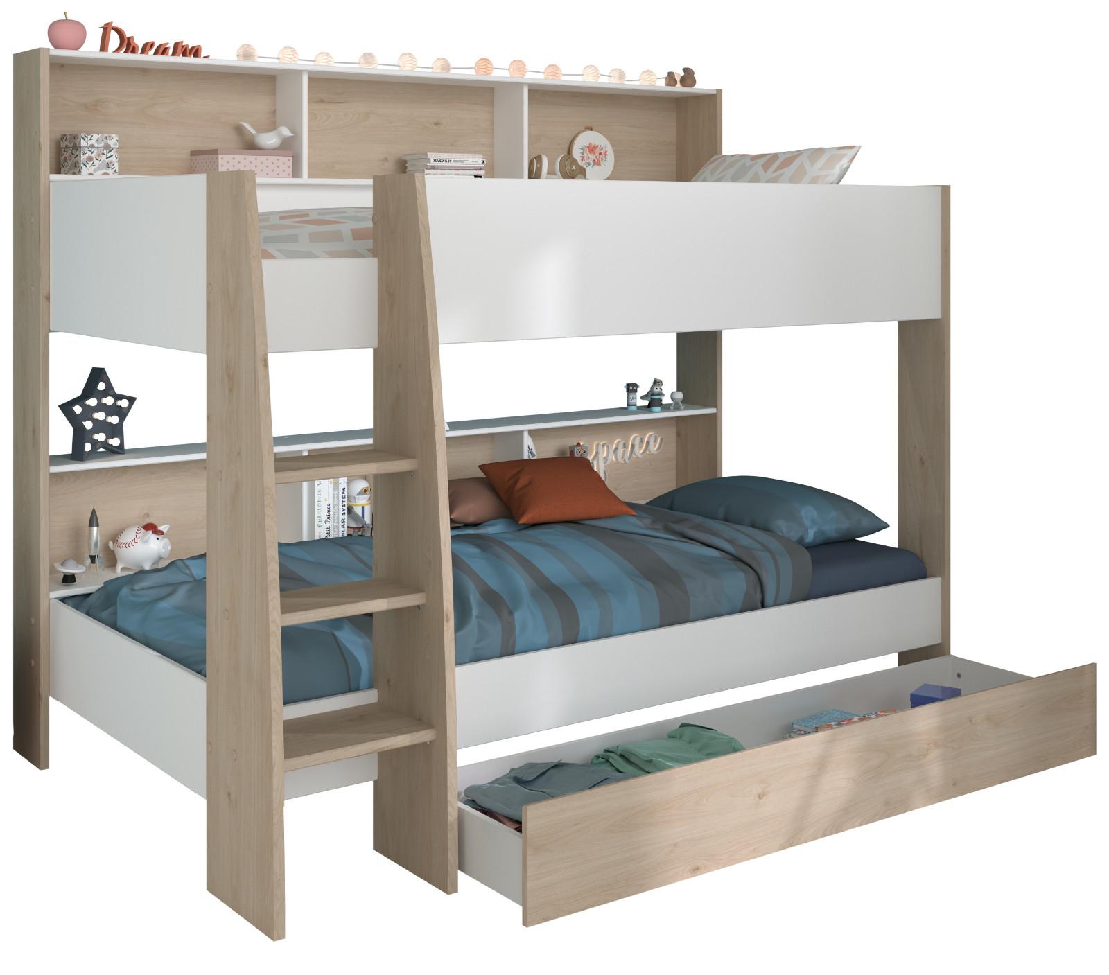 ETAGENBETT weiß, Eiche 90 x 200 cm, Jugendzimmer Hochbett mit Stauraum - Eichefarben/Schwarz, Holzwerkstoff/Kunststoff (90/200cm) - Parisot Meuble