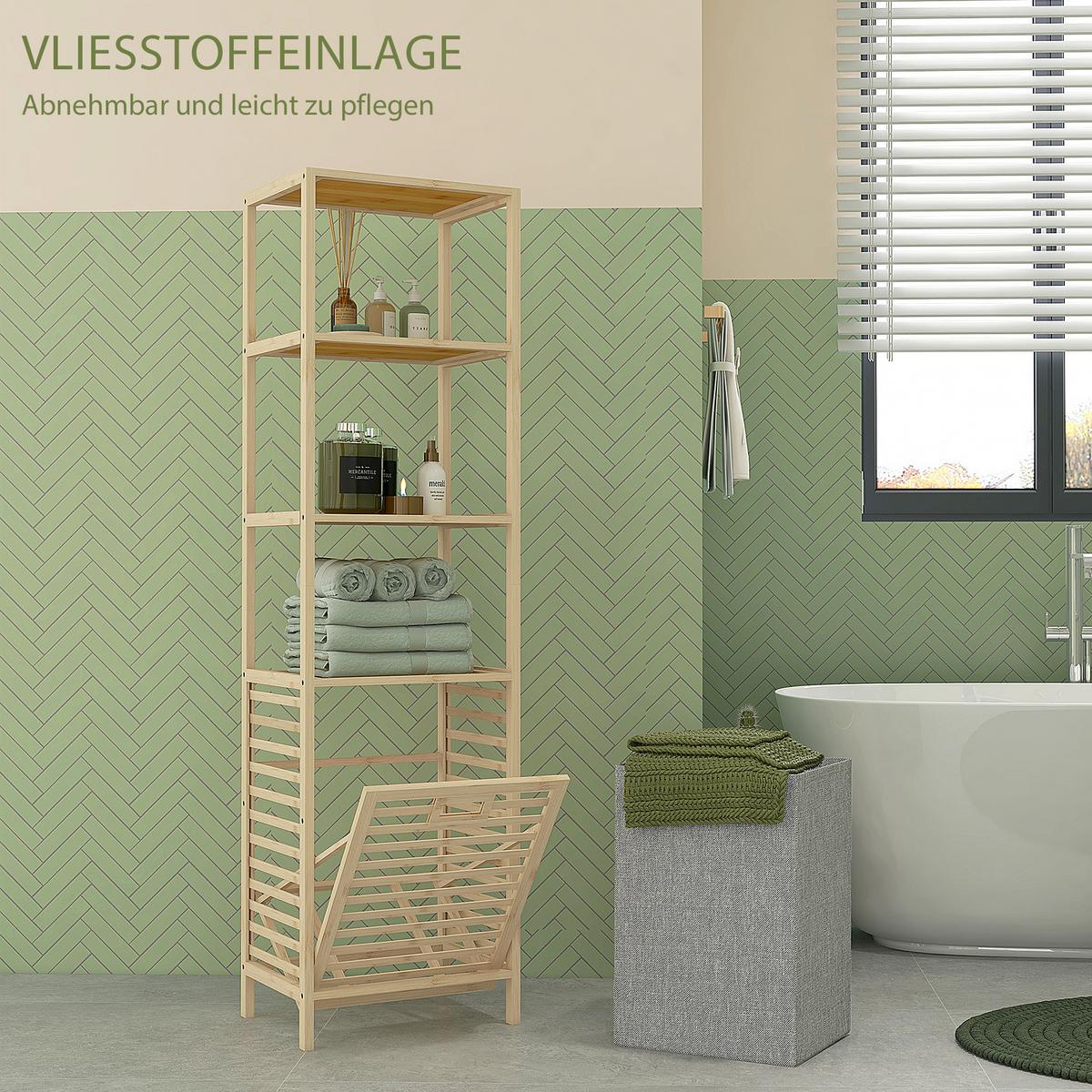 BADREGAL mit Wäschekorb, Badezimmerregal mit 3 Ebenen Kippschutz Bambus - Naturfarben, Holzwerkstoff (33/160/44cm) - HOMCOM