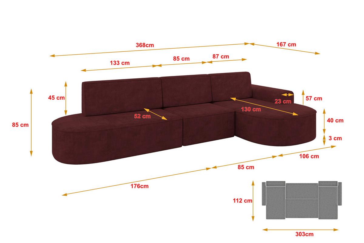ECKSOFA mit Schlaffunktion Ottomane RECHTS MARI L2-S 368X167X85 Bordeauxrot Velours - Bordeaux/Schwarz, Holzwerkstoff/Kunststoff (167/368cm) - ALTDECOR