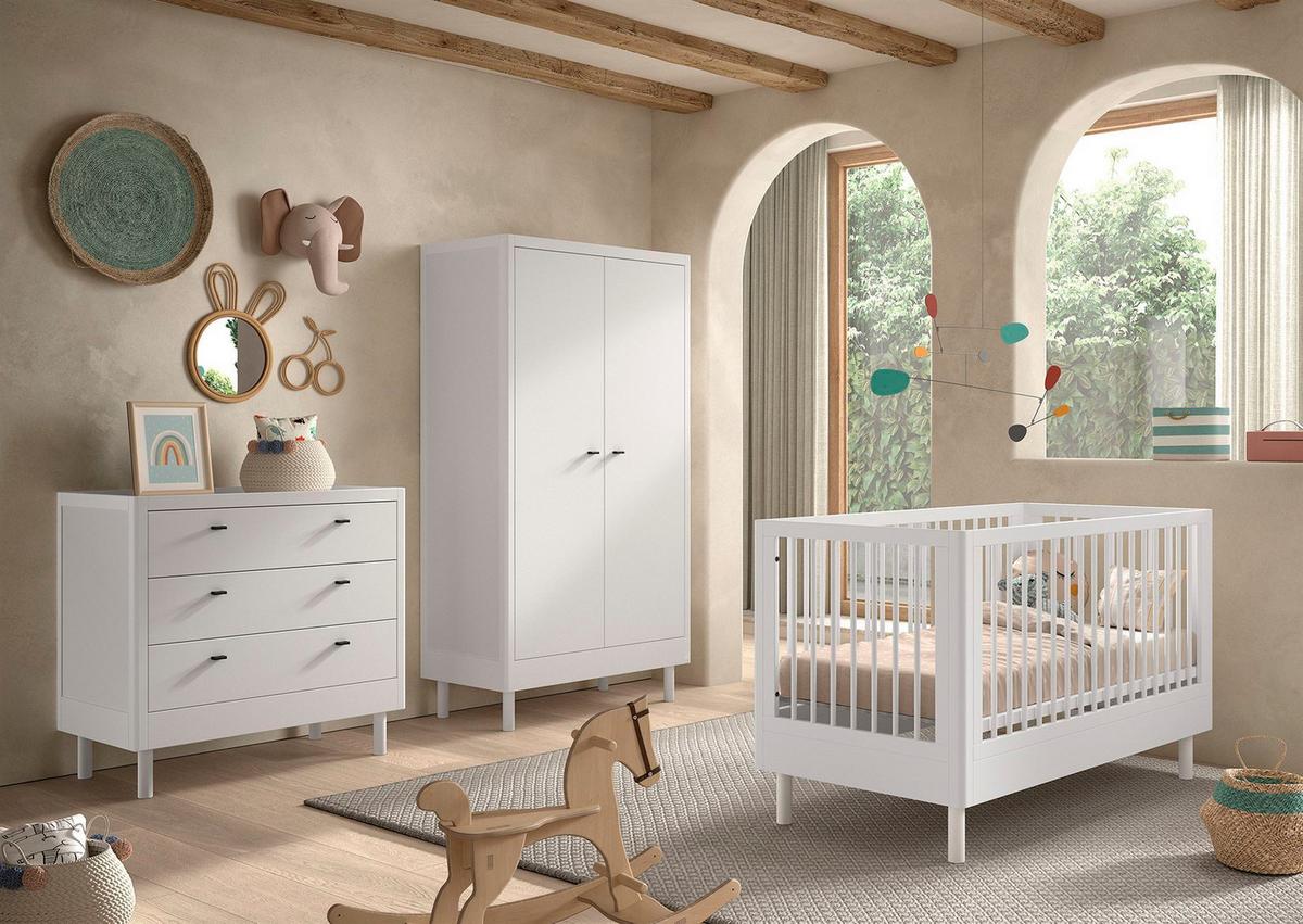 BABYBETT SET 70x140 Keeley Buche Weiß Holz Schrank Komfort Stabil - Weiß, Holz (55/190/100cm) - 58aufmkessel