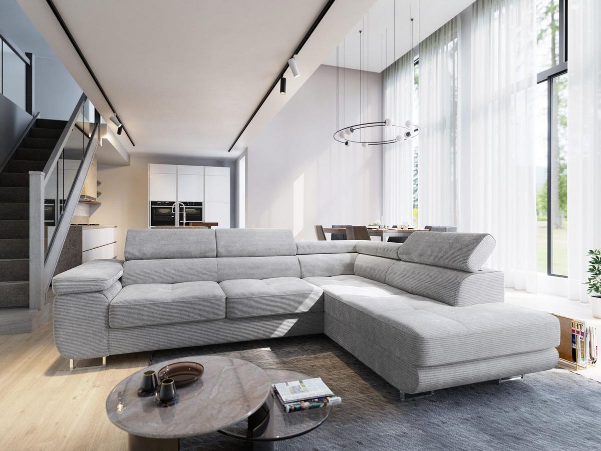ECKSOFA APIRO R-S Hellgrau Kordstoff mit Schlaffunktion - Silberfarben/Hellgrau, Holz/Textil (276/202cm) - MASSENO