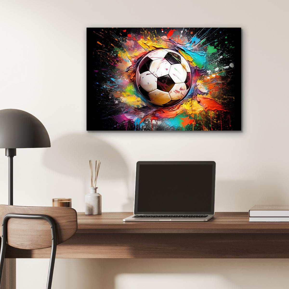 METALLBILD Fußball - Farbe - Farben - Schwarz - Weiß Wandbild 60x40 cm - Weiß, Metall (60/40cm) - MuchoWow