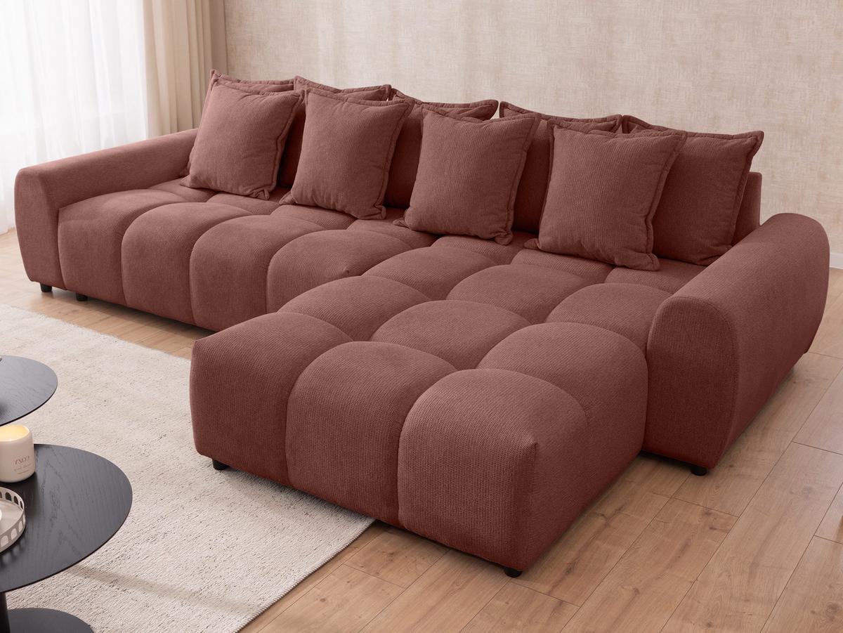 ECKSOFA Bubble mit losen Rückenkissen und Sitzfläche in Bubble-Optik aus weichem Terrakotta Strukturstoff mit schöner Sitzkomfort - Ottomane rechts - Terracotta/Schwarz, Holz/Kunststoff (306/180cm) - S-Style Möbel