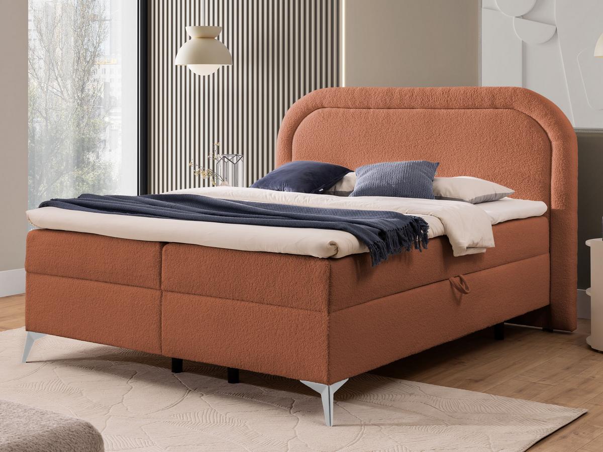 BOXBETT Sonna 160/200 cm Terrakotta Bouclé-Stoff mit abgerundetem Kopfteil und mit silbernen Metallfüßen - Silberfarben/Terracotta, Holz/Textil (160/200cm) - S-Style Möbel