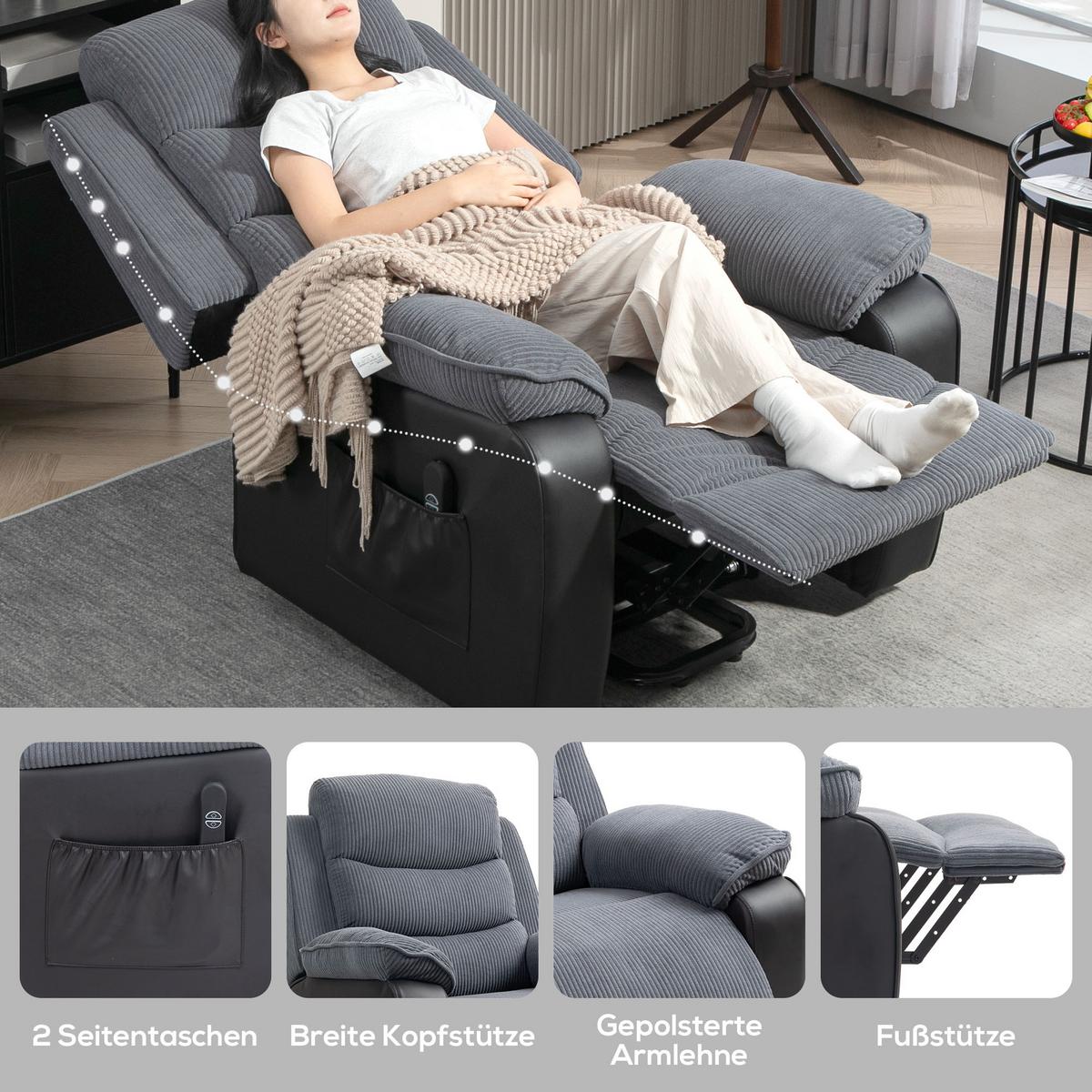 FERNSEHSESSEL mit Aufstehhilfe Liegesessel mit Liegefunktion, Seitentasche - Dunkelgrau/Schwarz, Textil/Metall (96/108/96cm) - HOMCOM