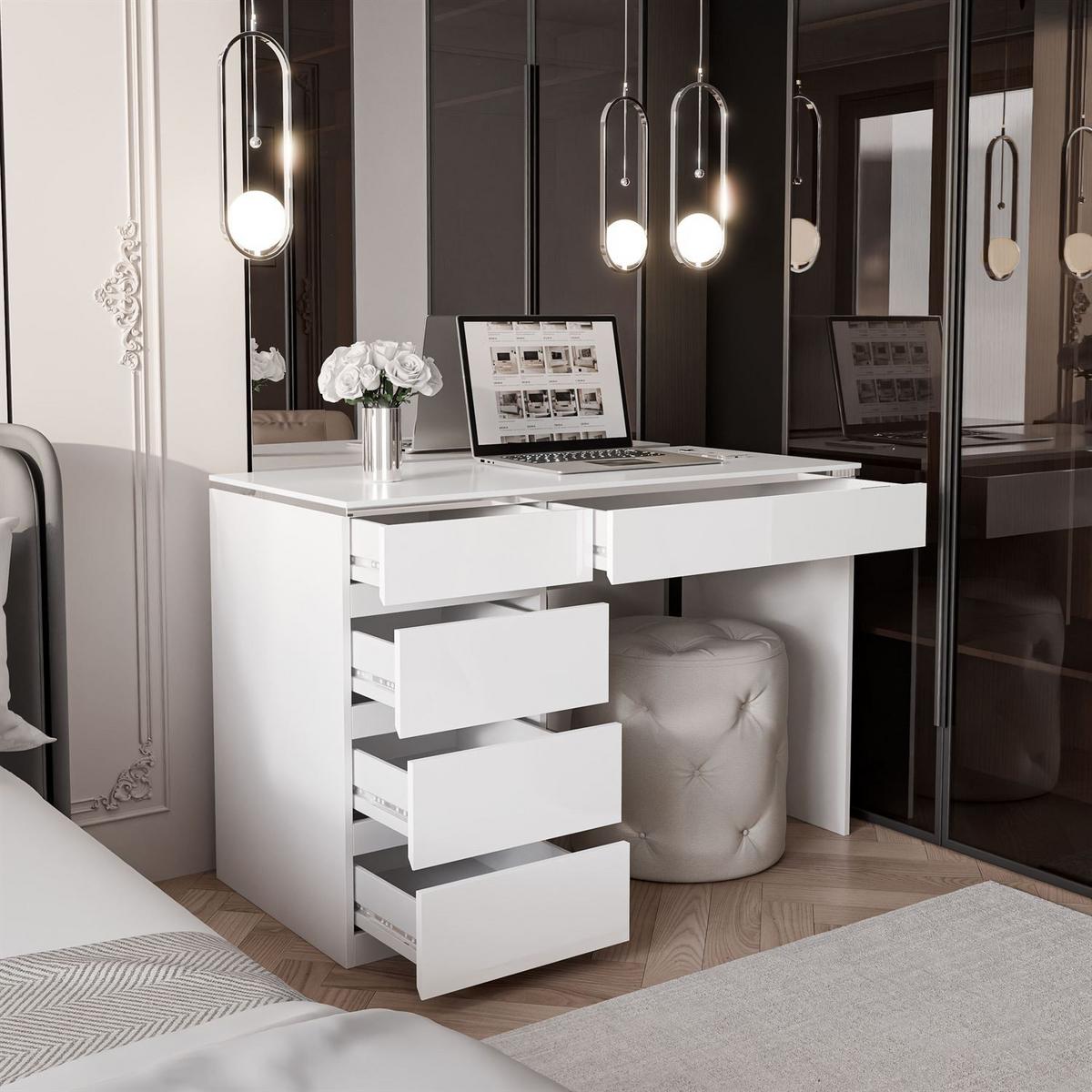 SCHREIBTISCH AURORA SILVER mit Schubladen - Weiß Hochglanz, Holzwerkstoff (55/120/78.5cm) - Lookway