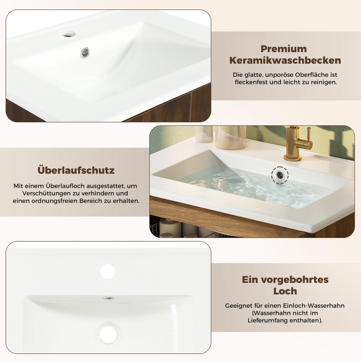 WASCHTISCHUNTERSCHRANK Walnuss mit Rattan-Türen & Keramikbecken - Walnussfarben, Holzwerkstoff (61/89/47cm) - Urban Meuble