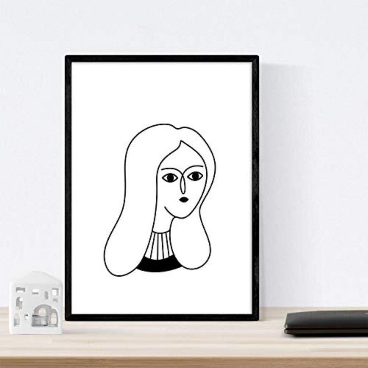POSTER Set mit 4 „Vier Frauen“ Zeichnungen von Frauen A4 Schwarzer Rahmen - Schwarz, Papier (29.7/3cm) - Nacnic