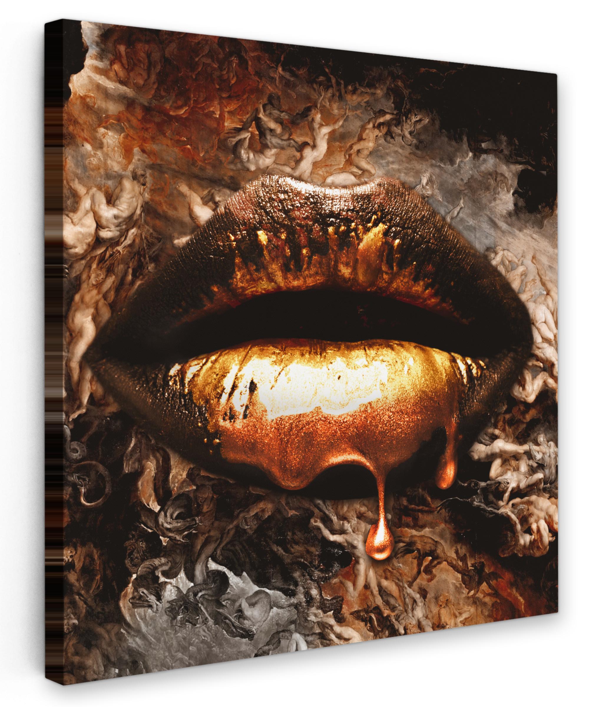 LEINWANDBILD Gold - Lippen - Kunst - Gold - Luxus - Abstrakt Deko Groß 90x90 cm - Kupferfarben, Textil (90/90cm) - MuchoWow