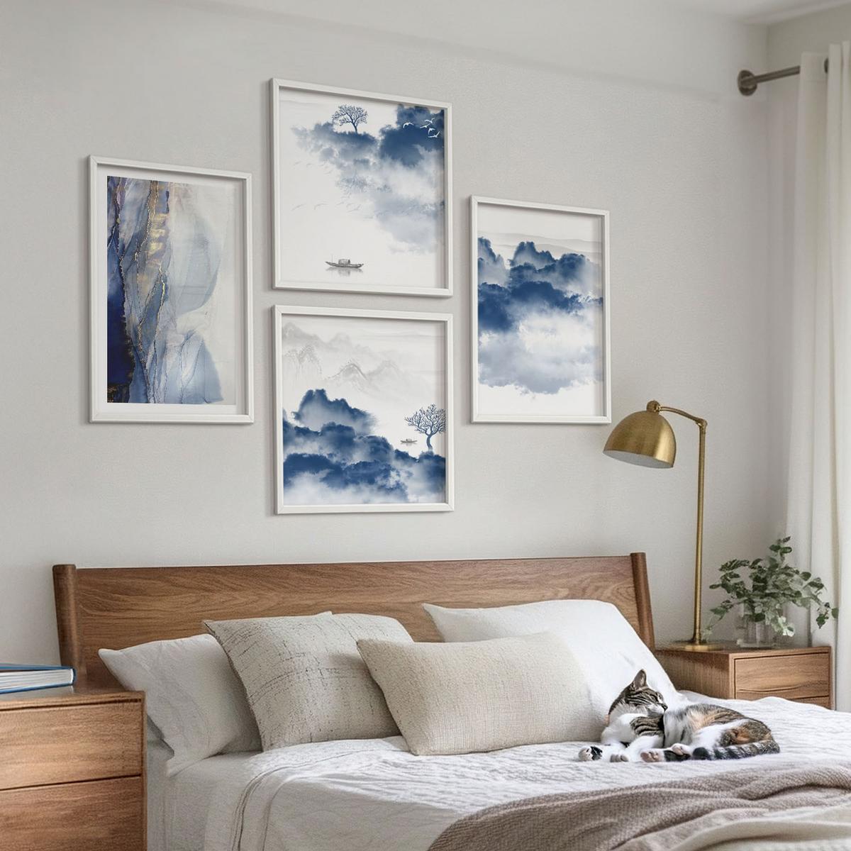 BILDER SET 4er Set - 50x50 cm & 40x60 cm Weißer Rahmen - Berge, Wolken, Bäume, Vögel im Hintergrund - Weiß, Kunststoff (50/50cm) - TULUP