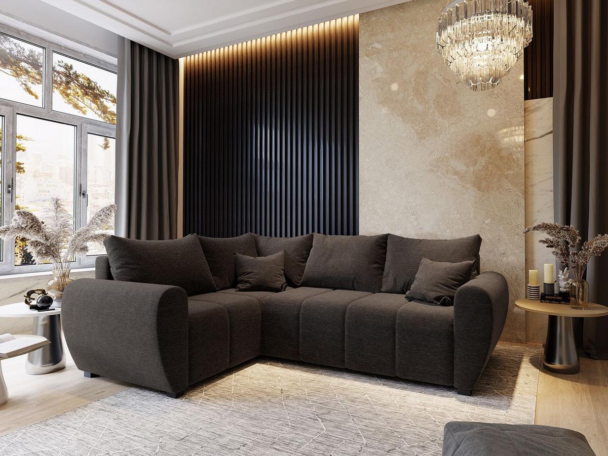 ECKSOFA MADISON L L-S Braun Dünner Stoff mit Schlaffunktion - Schwarz/Braun, Holz/Kunststoff (235/175cm) - MASSENO