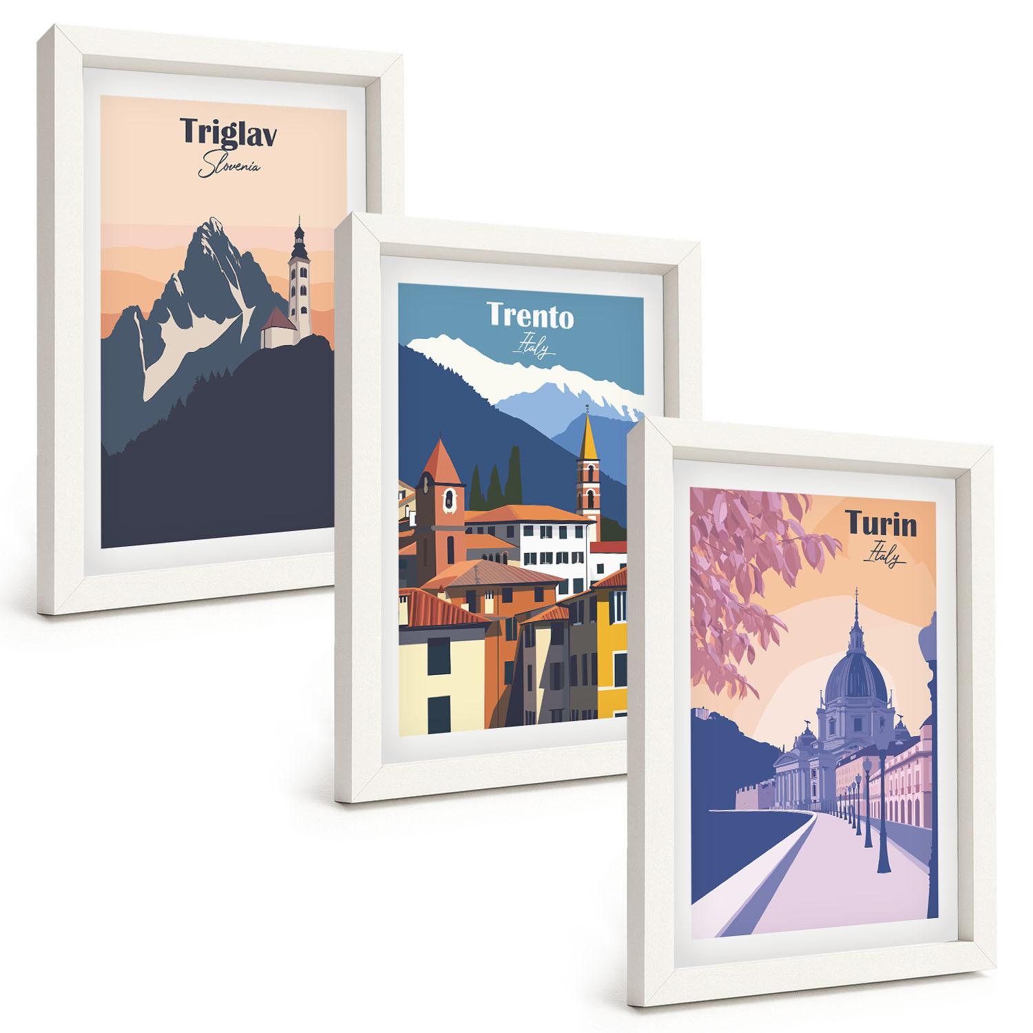BILDER SET 3er Set - 20x30 cm Weißer Rahmen - Retro-Illustrationen zur Bergarchitektur - Weiß, Kunststoff (20/30cm) - TULUP