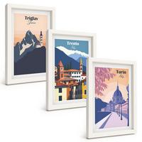 BILDER SET 3er Set - 20x30 cm Weißer Rahmen - Retro-Illustrationen zur Bergarchitektur - Weiß, Kunststoff (20/30cm) - TULUP