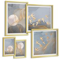 BILDER SET 5er Set - 50x50 cm & 20x30 cm & 40x60 cm Goldrahmen - Abstrakte Wellenkreise, grau - Goldfarben, Kunststoff (40/60cm) - TULUP