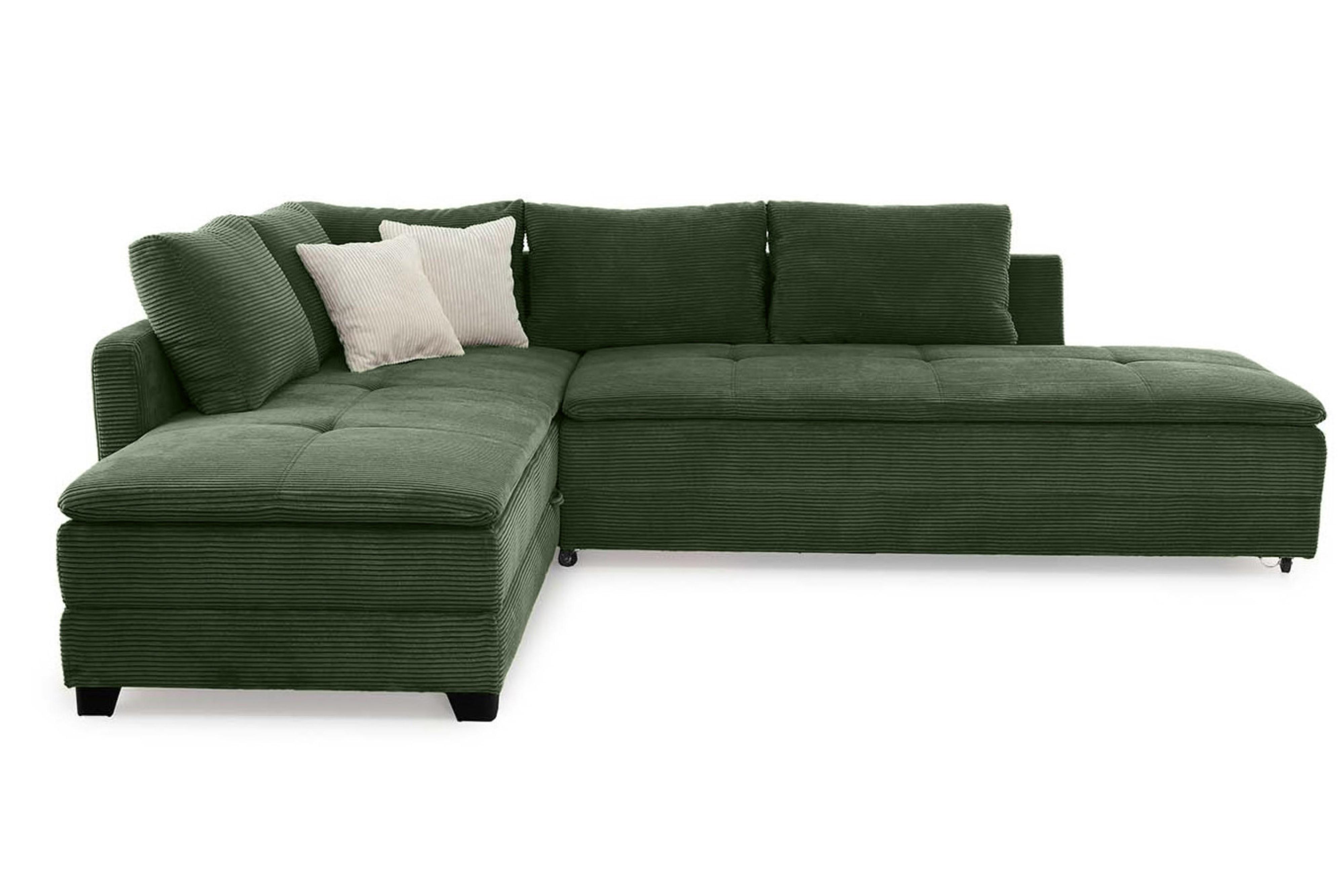 ECKSOFA-DAUERSCHLÄFER Doppelbett Boxspring Federkern Topper, seitenverkehrt montierbar B306/T223/H95 cm, Cord Grün / 15164 - Schwarz/Grün, Kunststoff/Textil (306/223cm) - luma-home