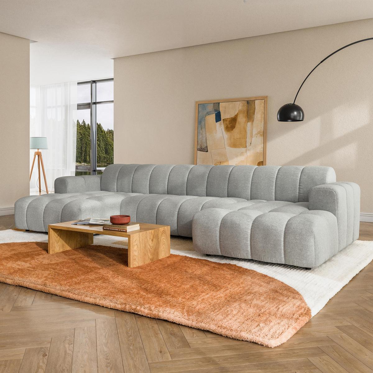 WOHNLANDSCHAFT AENIS Hellgrau Strukturstoff - Hellgrau, Holz (398/85/165cm) - MASSENO