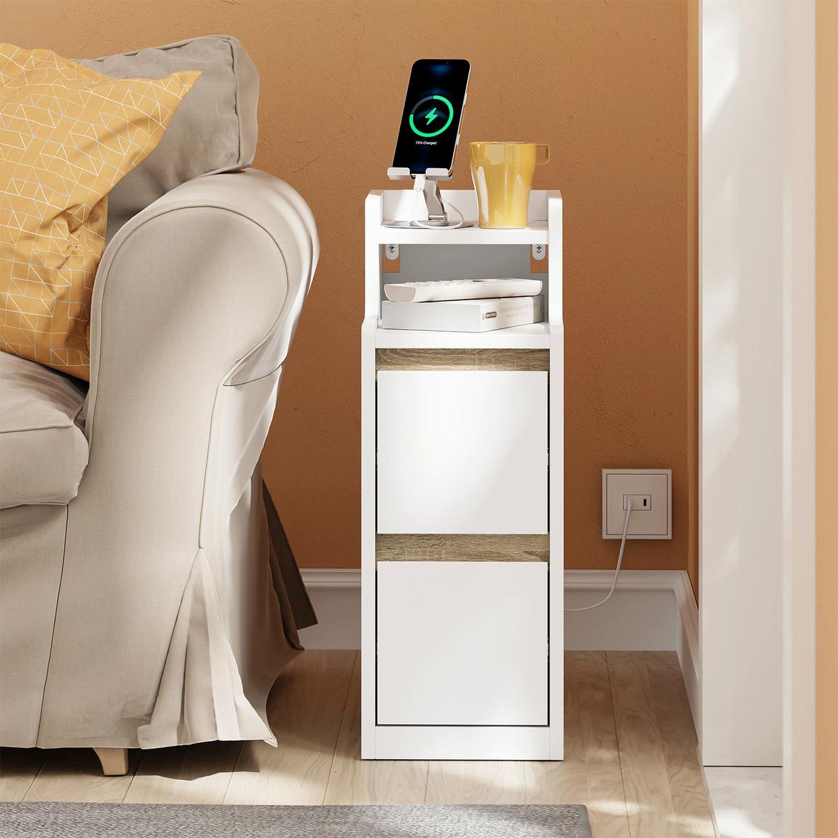 NACHTTISCH schmal mit Ladefunktion und LED-Touch-Lampe, 22x34x60.5cm - Weiß, Holzwerkstoff (22/60/34cm) - SoBuy