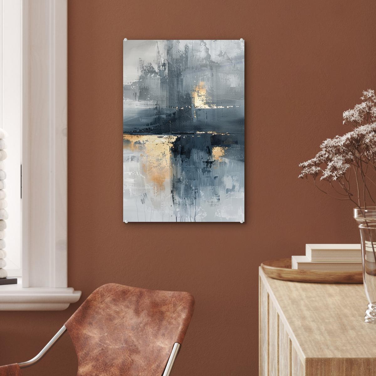 ACRYLGLASBILD Kunst - Grau - Gold - Abstrakt Wanddeko Wohnzimmer 40x60 cm - Dunkelgrau, Glas (40/60cm) - MuchoWow