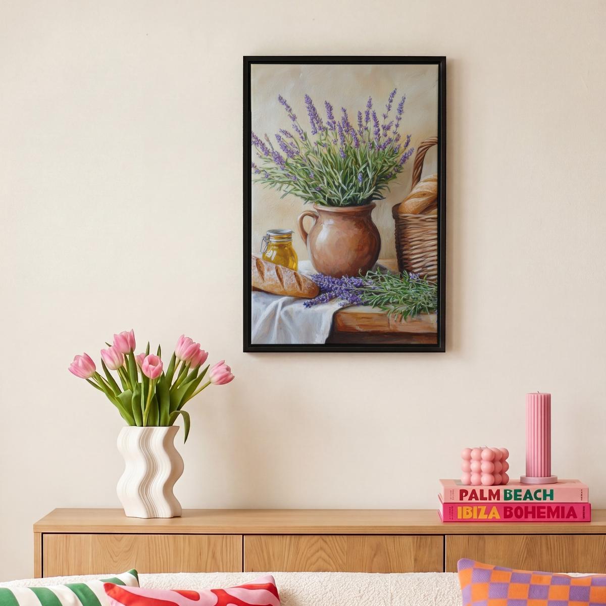 LEINWAND Bilder mit Rahmen - Lavendel - Brot - Stilleben - 20x30 - Flieder, Textil (20/30cm) - MuchoWow