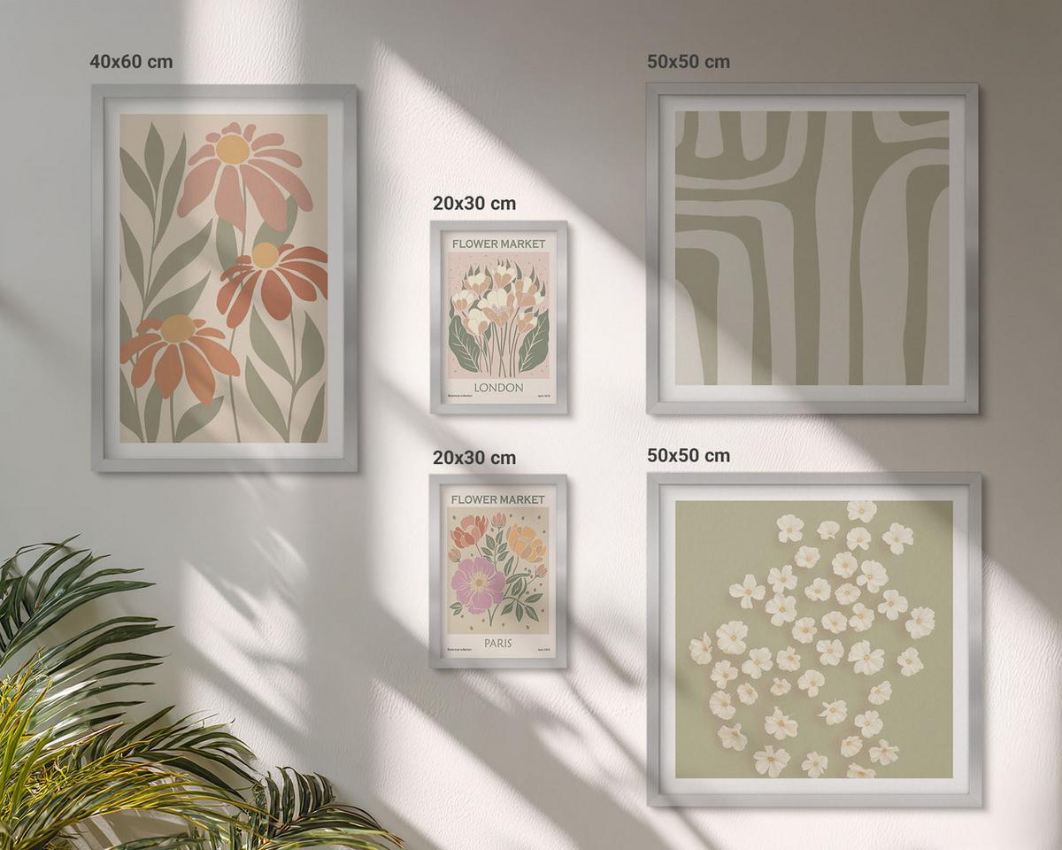 BILDER SET 5er Set - 50x50 cm & 20x30 cm & 40x60 cm Silberner Rahmen - Botanische Motive, Pariser Minimalismus - Silberfarben, Kunststoff (40/60cm) - TULUP