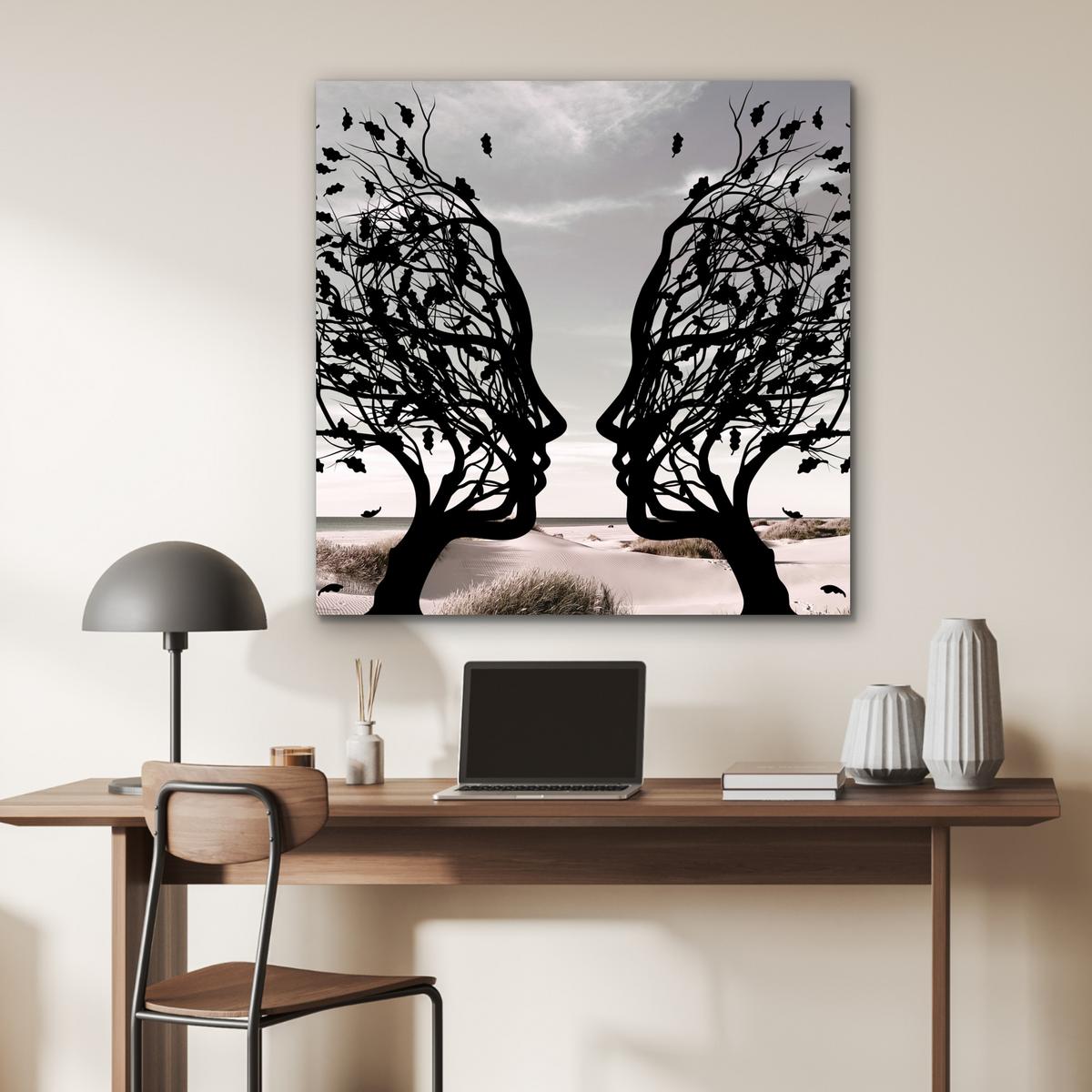 METALLBILD Strand - Meer - Menschen - Baum - Moderne Kunst 90x90 cm - Hellgrau, Metall (90/90cm) - MuchoWow