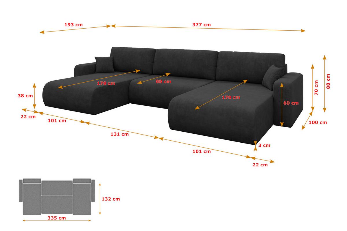 WOHNLANDSCHAFT mit Schlaffunktion und Bettkasten BERY-U 377x193x88 Schwarz Velours - Schwarz, Holzwerkstoff/Kunststoff (377/88/193cm) - ALTDECOR