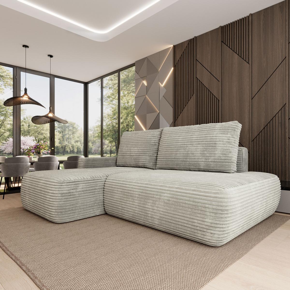 ECKSOFA AVINI T L-S Hellgrau Kordstoff mit Schlaffunktion - Hellgrau, Holzwerkstoff/Textil (277/160cm) - MASSENO