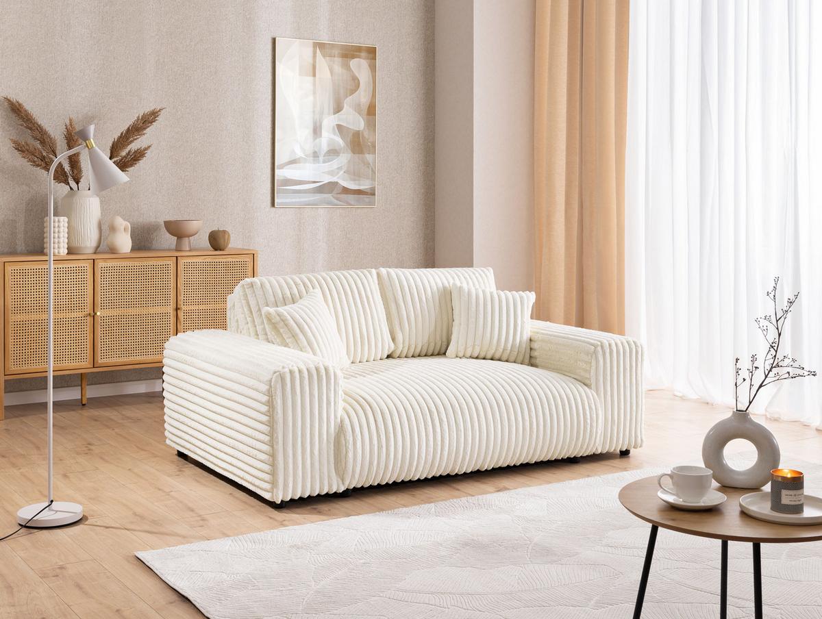 SITZGARNITUR 3+2 Mollis Hellbeige Plüschcord - Beige/Schwarz, Holz/Kunststoff (213/79/108cm) - S-Style Möbel