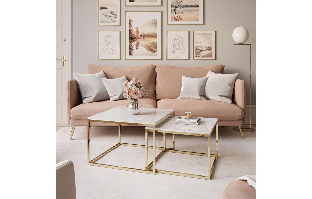 COUCHTISCH YOSHI 2in1 70/70/42 cm Gold Chrom / Weiß Hochglanz - Weiß, Holzwerkstoff/Metall (70/70/42cm) - Lookway