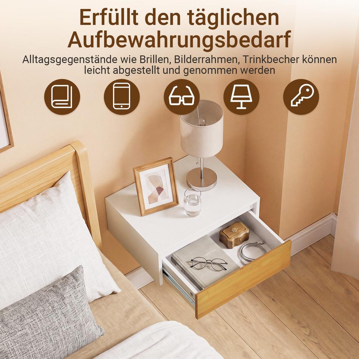 SCHWEBENDER-NACHTTISCH mit Schublade, Wandregal 40x29,8x15,6cm - Weiß/Naturfarben, Holzwerkstoff (40/11/30cm) - SoBuy