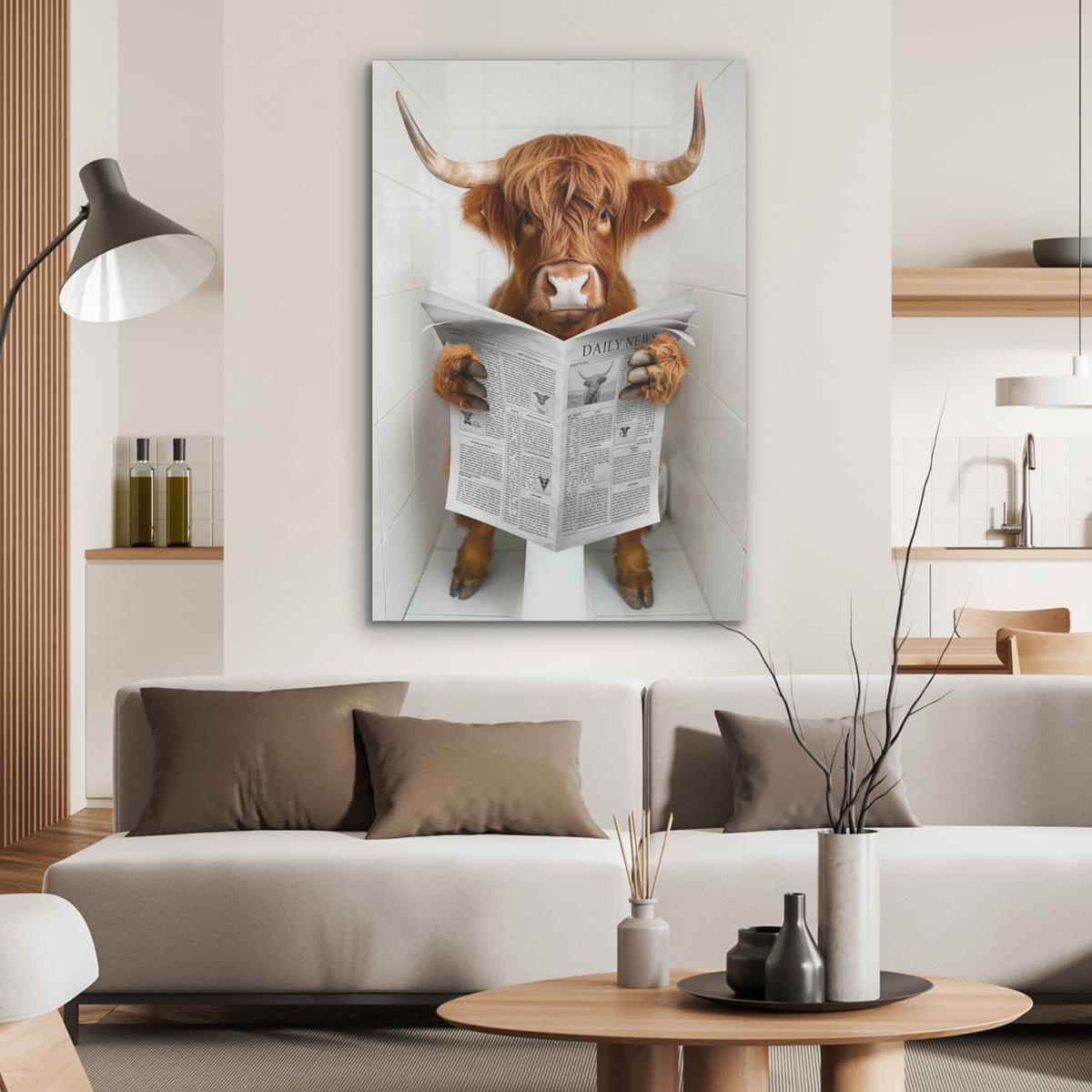 AKUSTIKBILD Schottischer Highlander - Tier - Zeitung - Toilette Wanddeko 70x100 cm - Kastanienfarben, Kunststoff (70/100/0.9cm) - MuchoWow