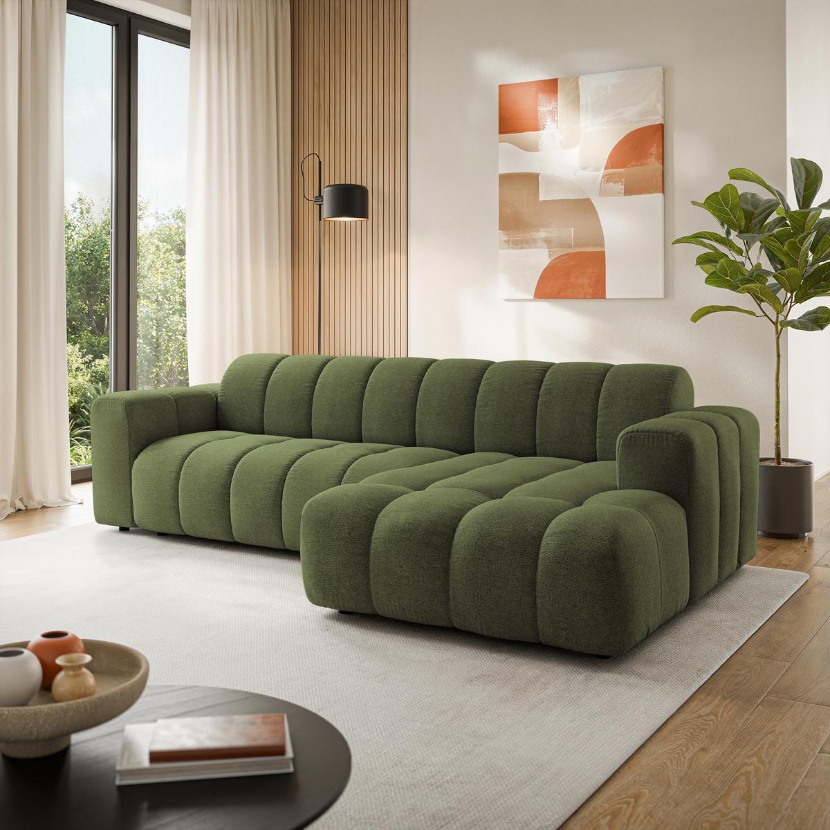 ECKSOFA SETIA Olivgrün Strukturstoff mit Schlaffunktion - Olivgrün, Holz (304/165cm) - MASSENO