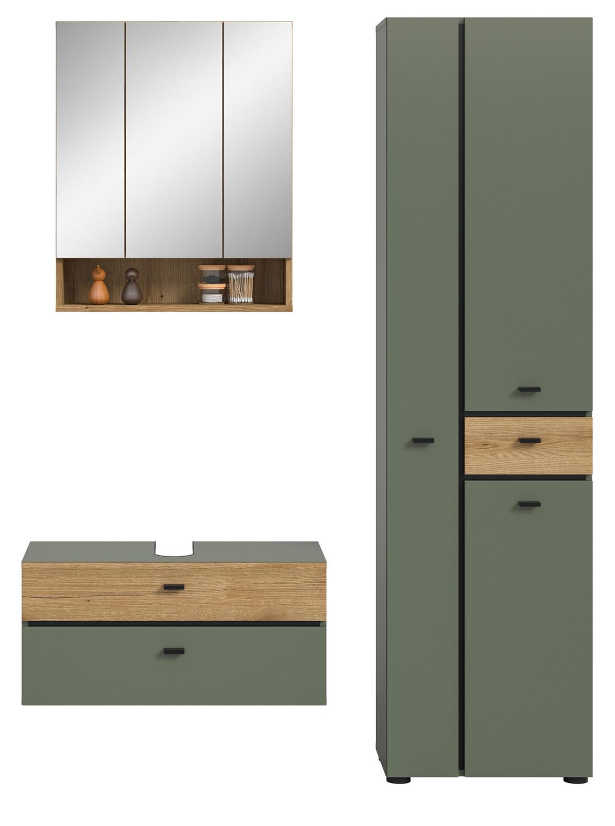 BADMÖBEL-SET grün, Evoke Eiche 3-teilig 141 cm, Komplettset mit viel Stauraum - Eichefarben/Schwarz, Glas/Holzwerkstoff (141/191/35cm) - Inn.Furn