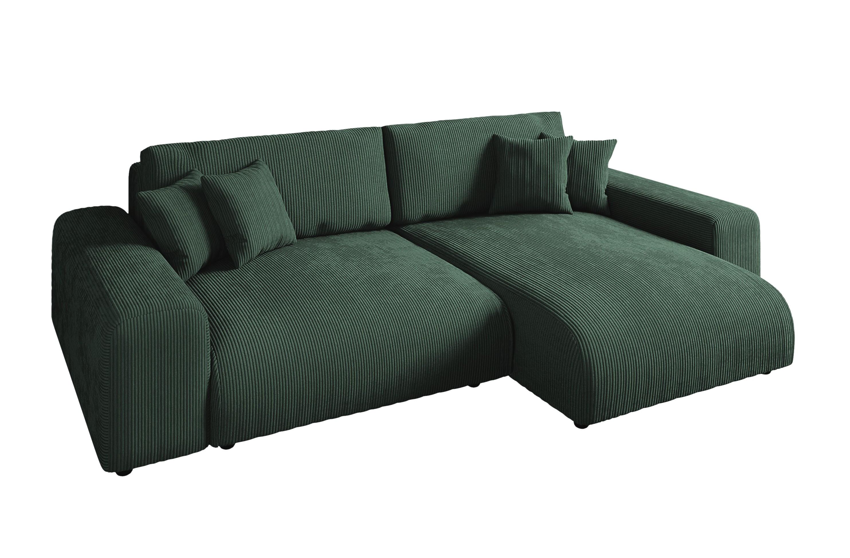 ECKSOFA mit Schlaffunktion, Bettkasten, Wellenunterfederung, seitenverkehrt montierbar B255/T165/H84 cm, Liegefl. 148x196 cm, Cord Grün / 21005 - Schwarz/Grün, Kunststoff/Textil (255/165cm) - luma-home