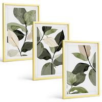 BILDER SET 3er Set - 40x60 cm Goldrahmen - Bemalte Boho-Pflanzenblätter - Goldfarben, Kunststoff (40/60cm) - TULUP