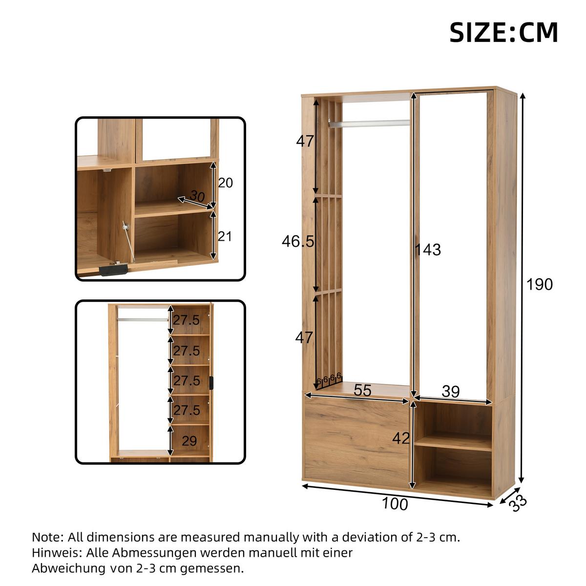 KLEIDERSCHRANK 6-in-1 mit Spiegel, & Wäscheständer Holzfarbe - Naturfarben, Holzwerkstoff (100/190/33cm) - Urban Meuble