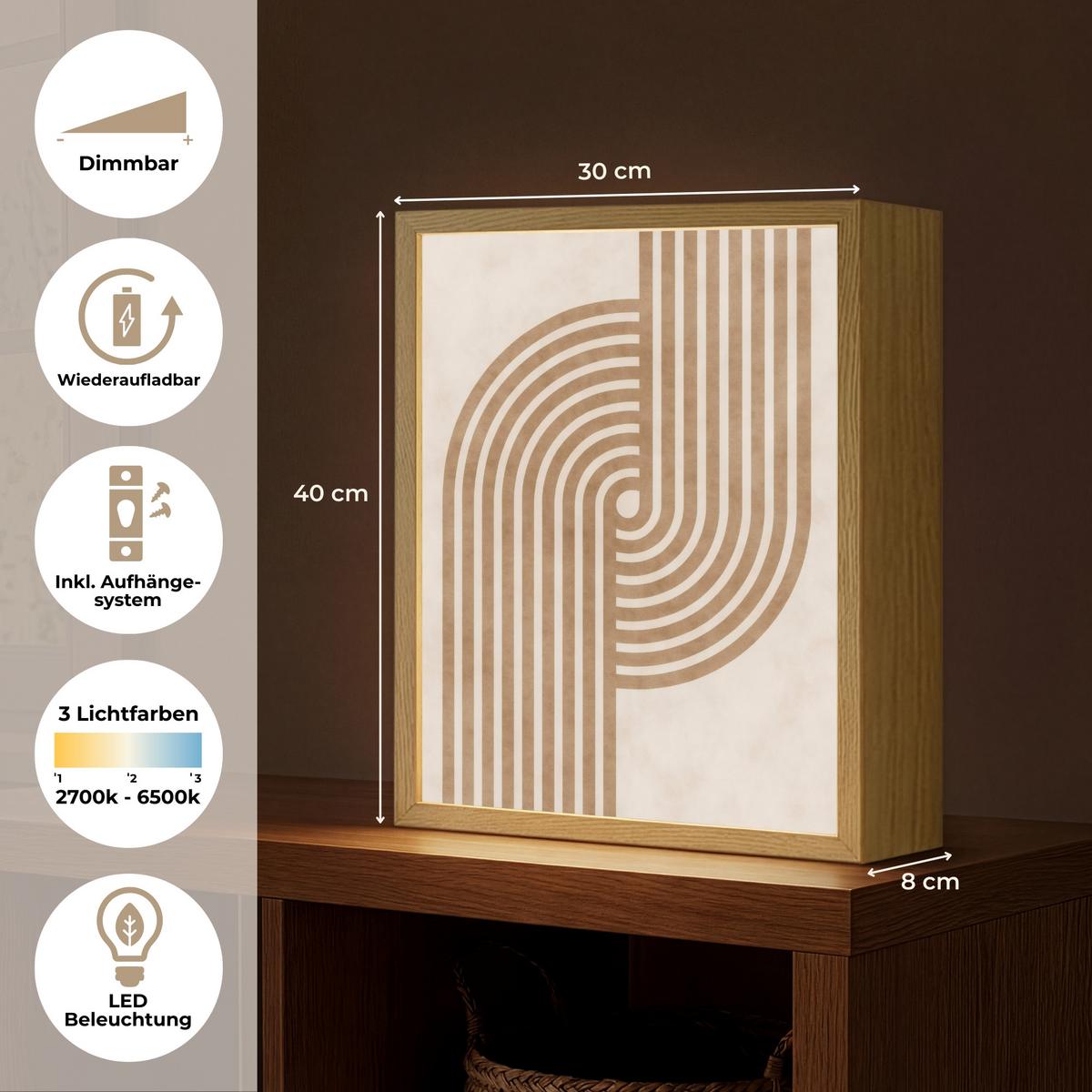 WANDLEUCHTE MIT AKKU Symmetrische Biegung - kupferfarbig 30x40 cm - Beige, Holzwerkstoff (30/40/8cm) - OnlyWow