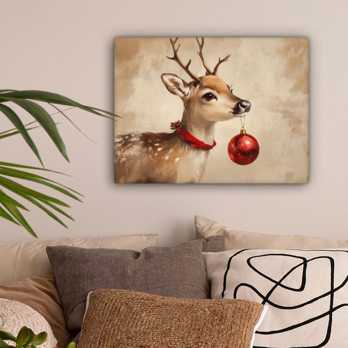 LEINWANDBILD Weihnachten - Hirsch - Geweih - Weihnachtskugel - Rentier Wandbild 40x30 cm - Hellbraun, Textil (40/30cm) - MuchoWow