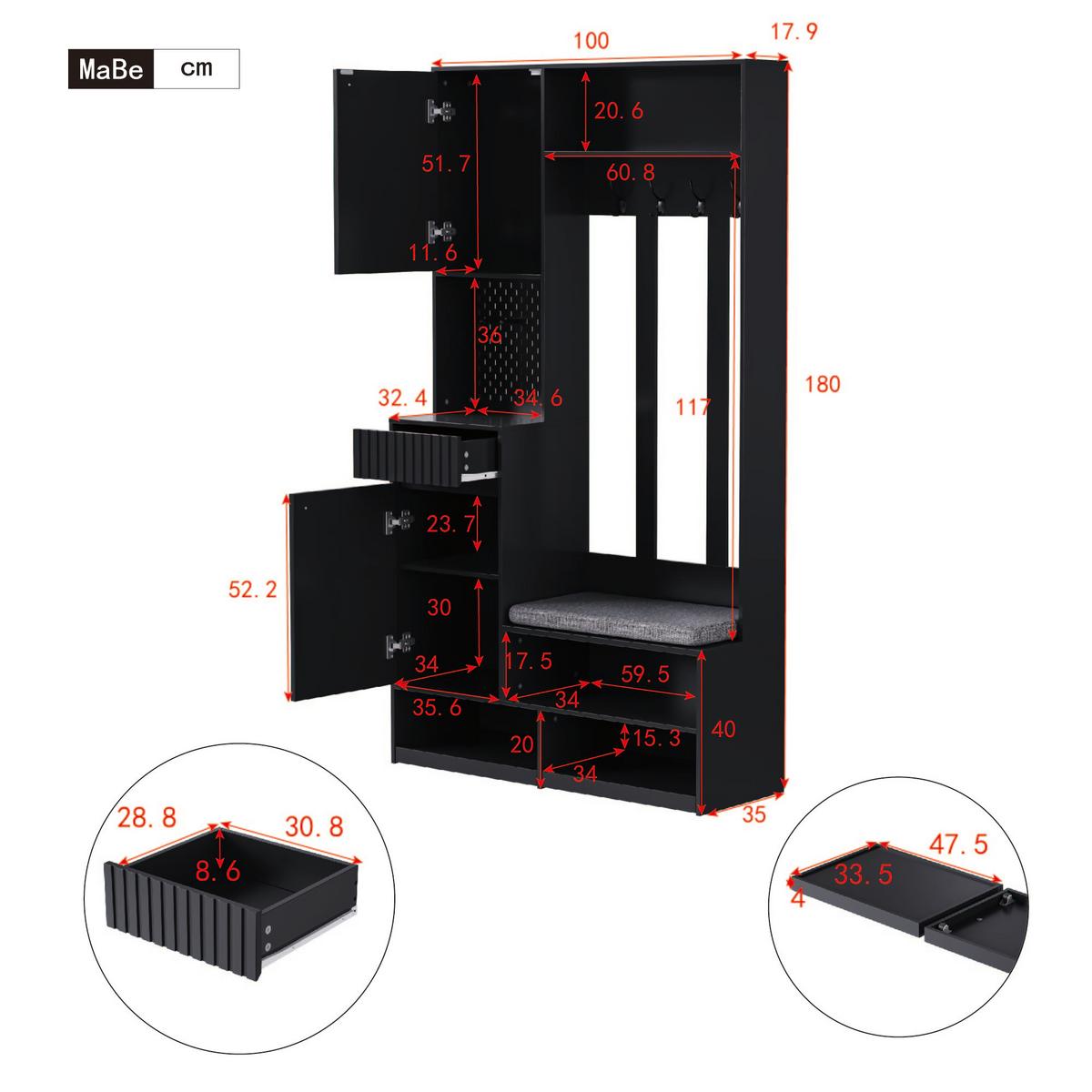 GARDEROBEN-SET 100 cm in Schwarz 6-in-1 Flurgarderobe - Schwarz, Holzwerkstoff (100/180/35cm) - Urban Meuble