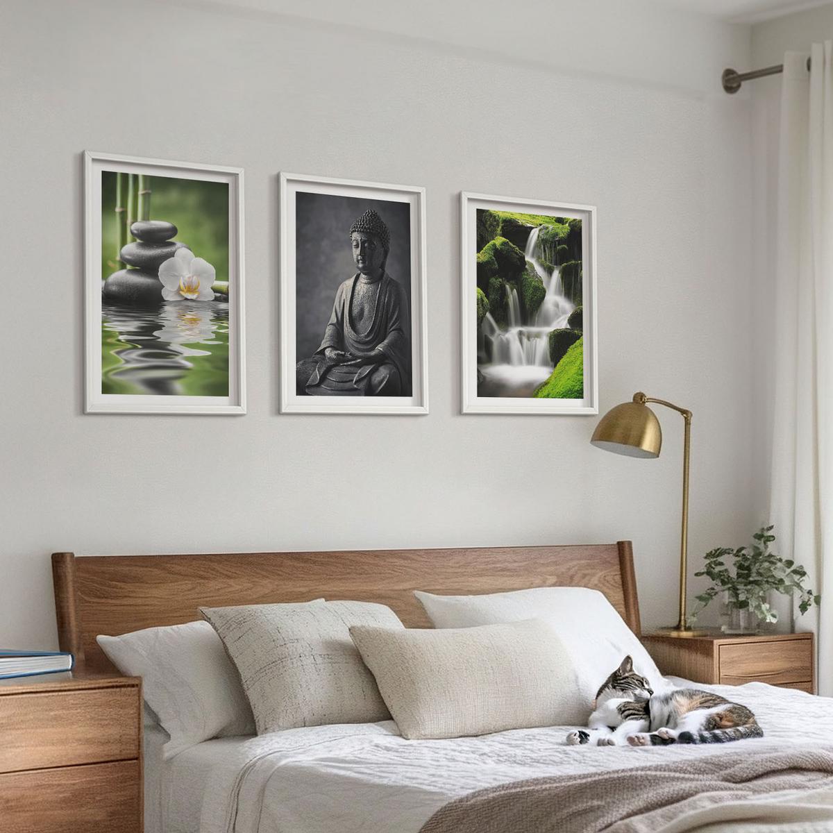 BILDER SET 3er Set - 40x60 cm Weißer Rahmen - Entspannende Zen-Wassermalerei - Weiß, Kunststoff (40/60cm) - TULUP