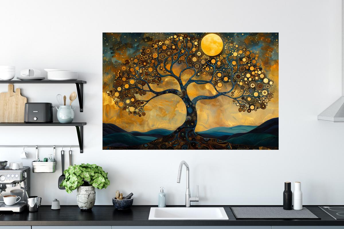 WANDTATTOO Baum - Mond - Blumen - Gold - Kunst Wandsticker 120x80 cm - Orange, Kunststoff (120/80/0.1cm) - MuchoWow