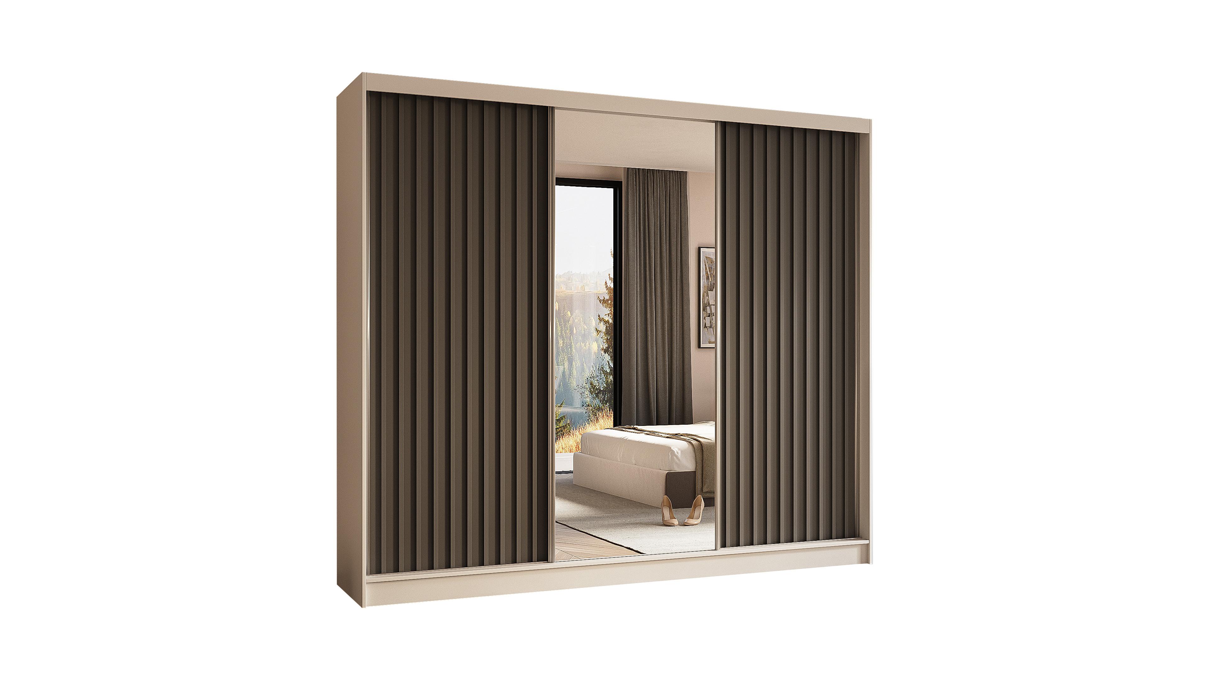 KLEIDERSCHRANK mit Spiegel-Schiebetüren und Aluminium-Leisten, LED-Beleuchtung - LAMELO - 240 cm Weiß+Grau+Grau - Weiß/Grau, Holzwerkstoff (240/216/61cm) - ALTDECOR
